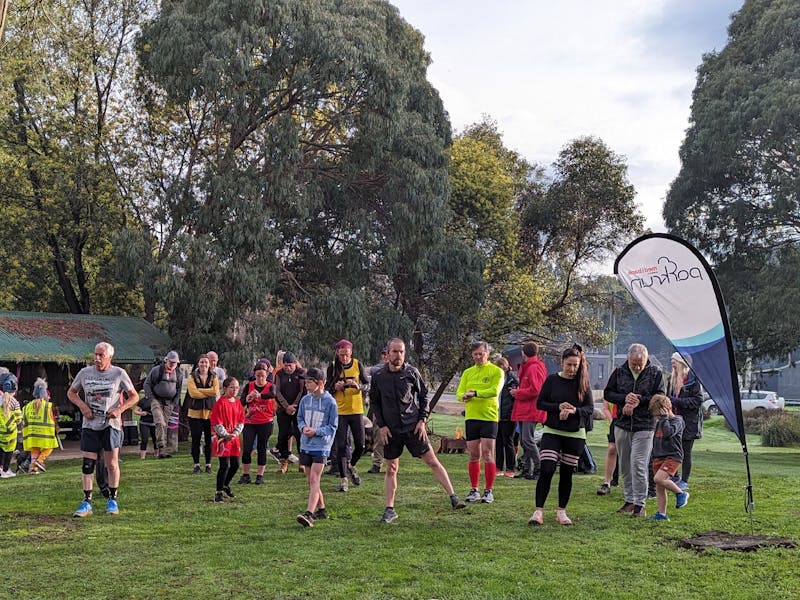 Runners and walkers crossing the starting line at Geeveston parkrun