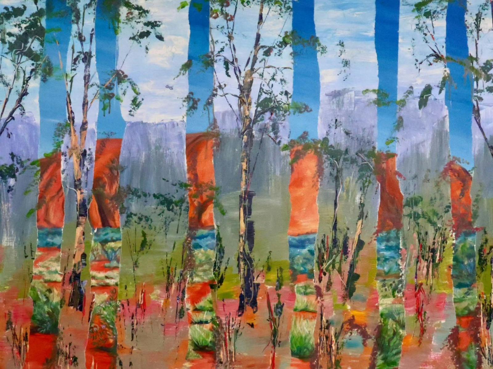 Robyn Sharp layered painting of Uluru and native bush scene