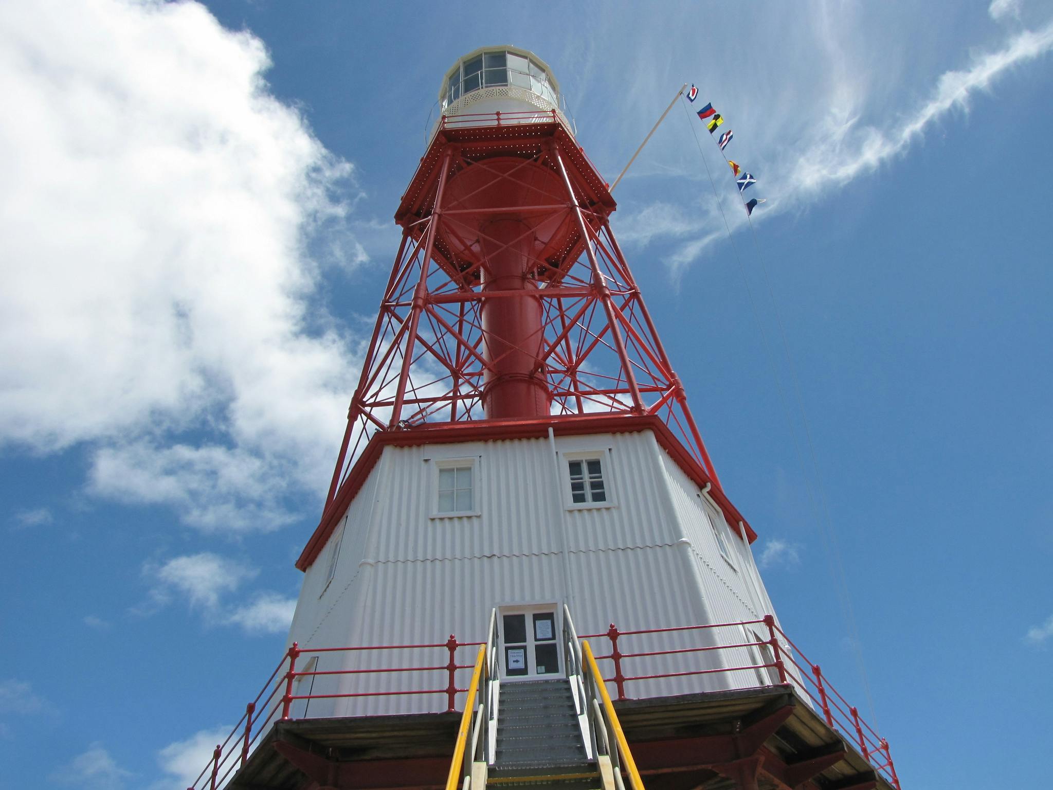 Looking directly up the stairway from the ground to the lighthouse.