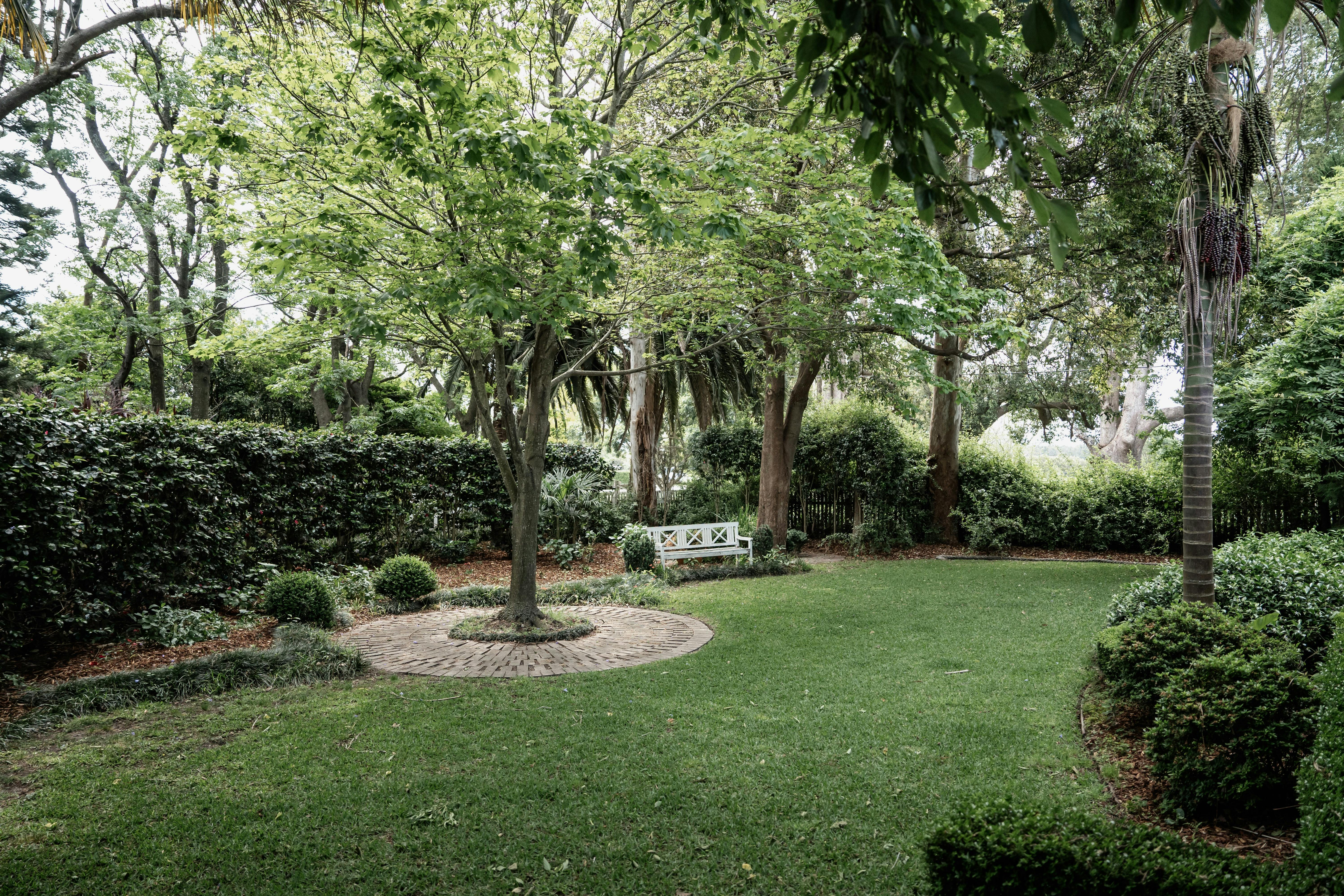 나무가 있는 잘 가꾸어진 정원 주택 거주자가 개인적으로 접근할 수 있음