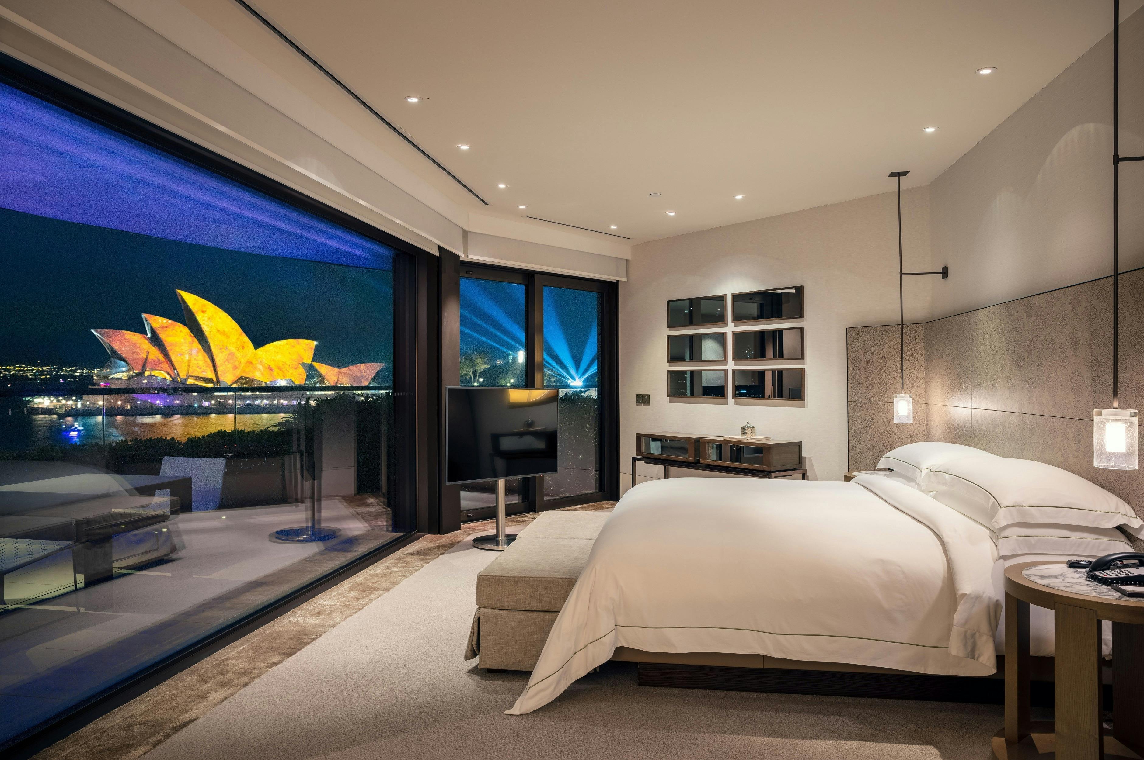 Views of the Vivid Sydney 2023 event captured from a suite in the Park Hyatt, The Rocks