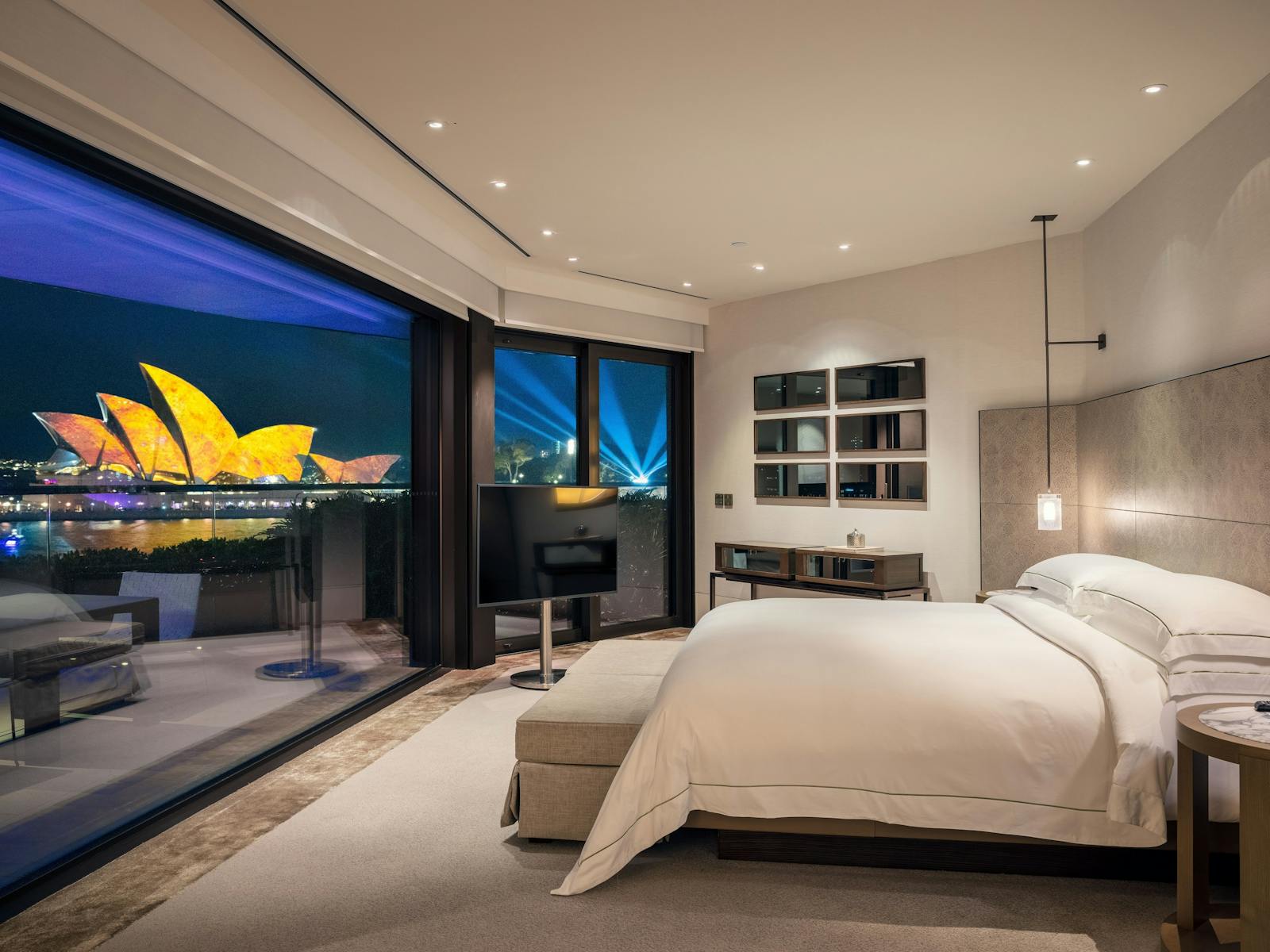 Views of the Vivid Sydney 2023 event captured from a suite in the Park Hyatt, The Rocks