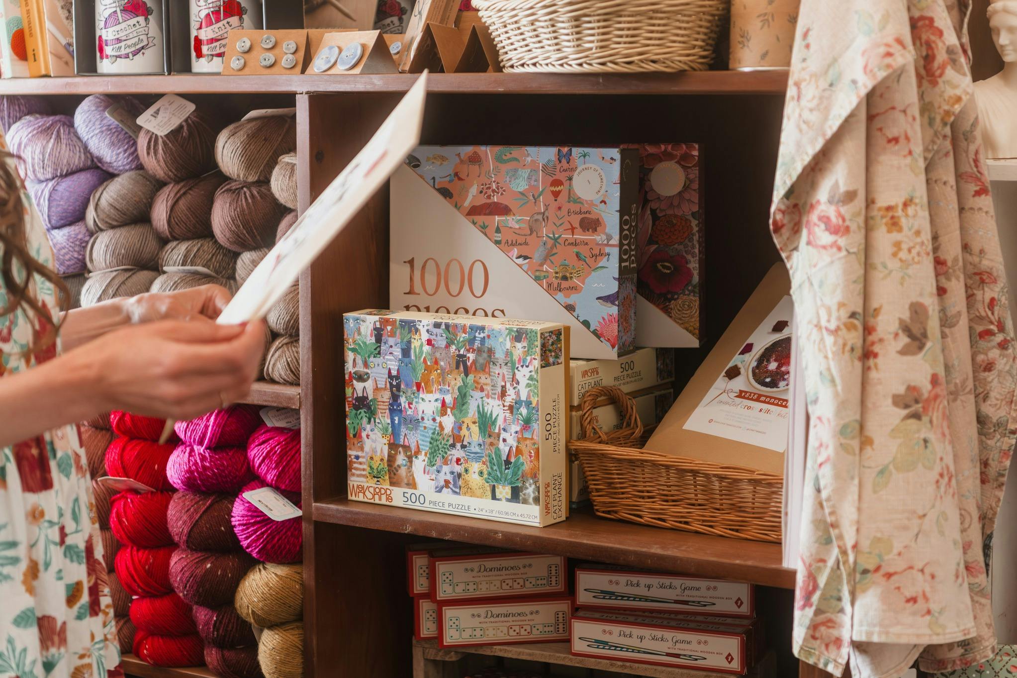 Natural crafts and puzzles on the bookshelf