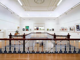 McCubbin Gallery, staircase, paintings, heritage features, wooden floors, railings