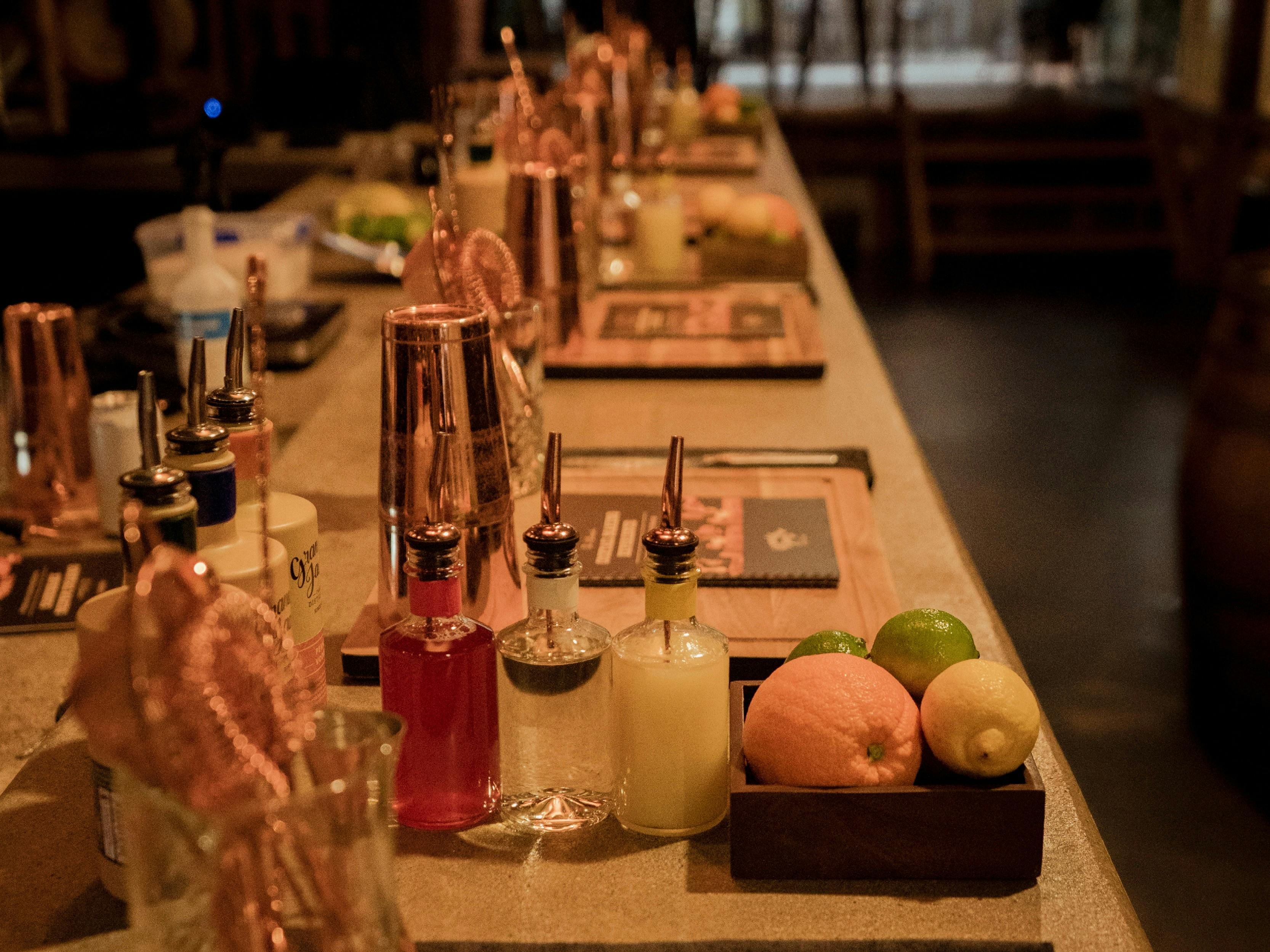 The bar lined up and ready for the cocktail masterclass.