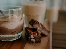 Hot chocolate affogato and gluten free chocolate brownie