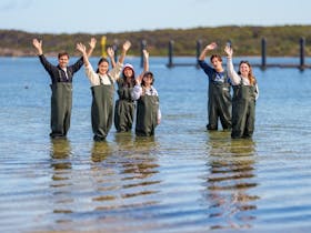 Group of guests in waders enjoying an oyster farm tour in Coffin Bay, South Australia