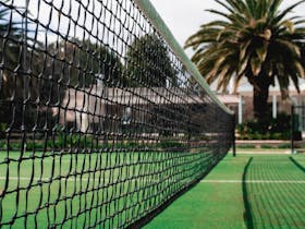 Close up of tennis net looking towards back of Tanunda House and a large palm tree