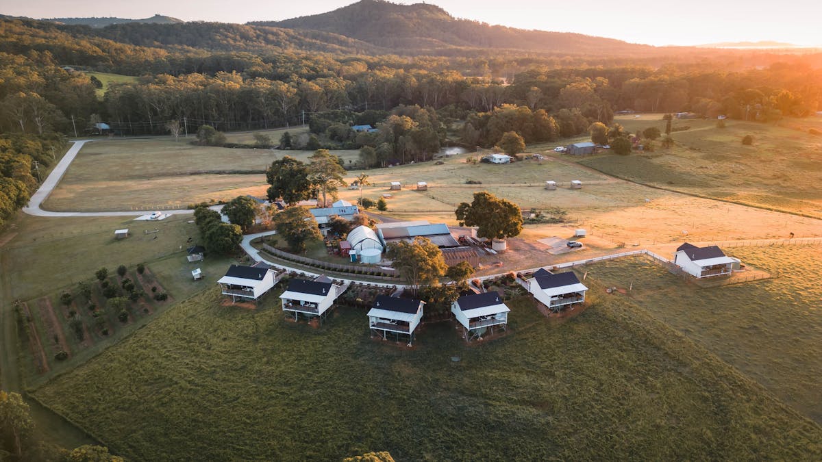 The sun rising over the property 6 luxury cabins on a 34-acre hobby farm.