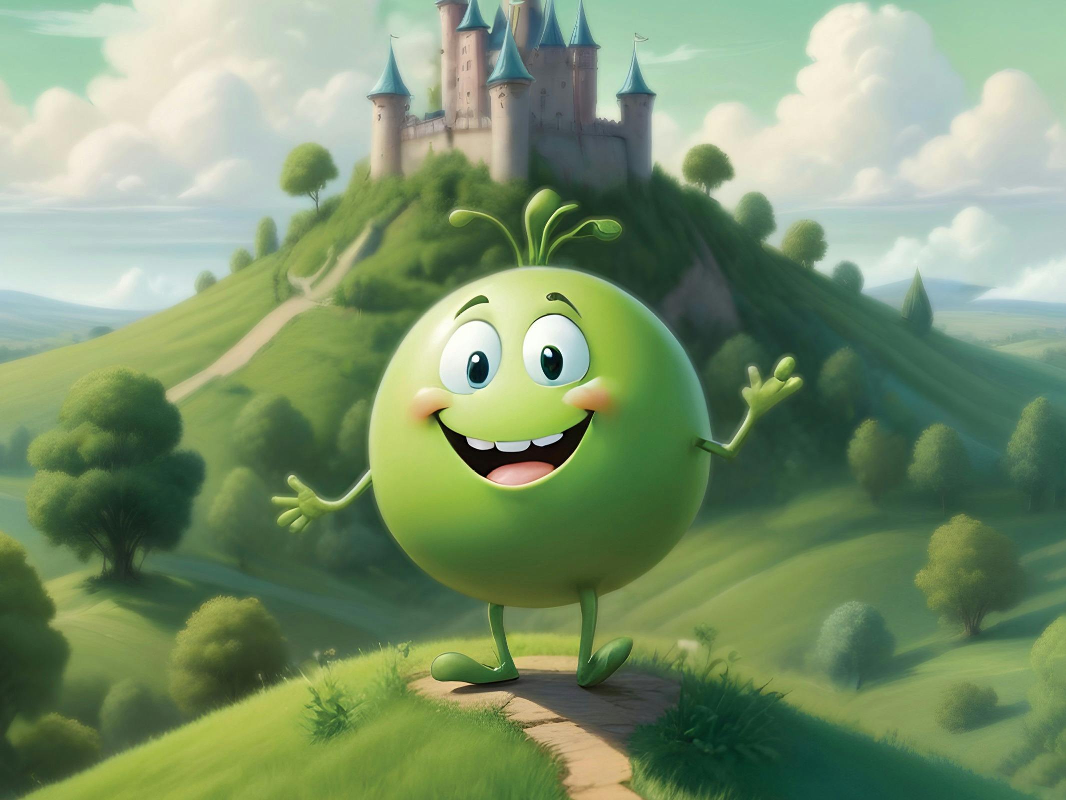 An animated pea  with a happy pea smiles on a footpath surrounded by trees. A castle is behind him,