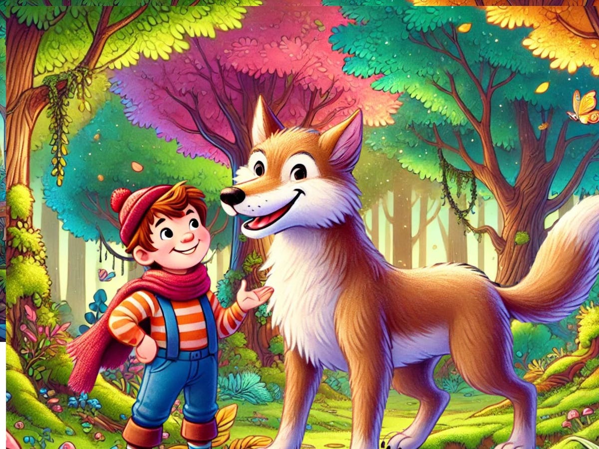 A cartoon-like image of a small boy standing next to wolf
