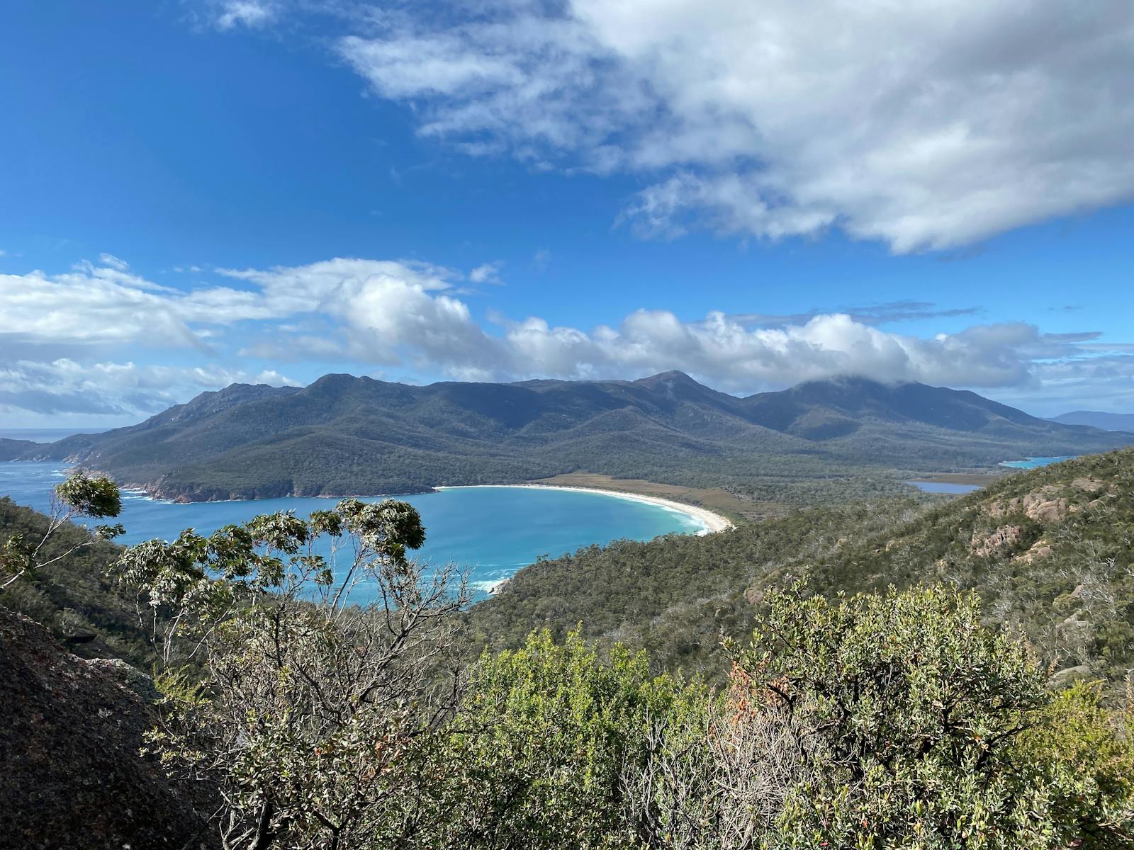 View of Wineglass Bay on a hike in Tasmania