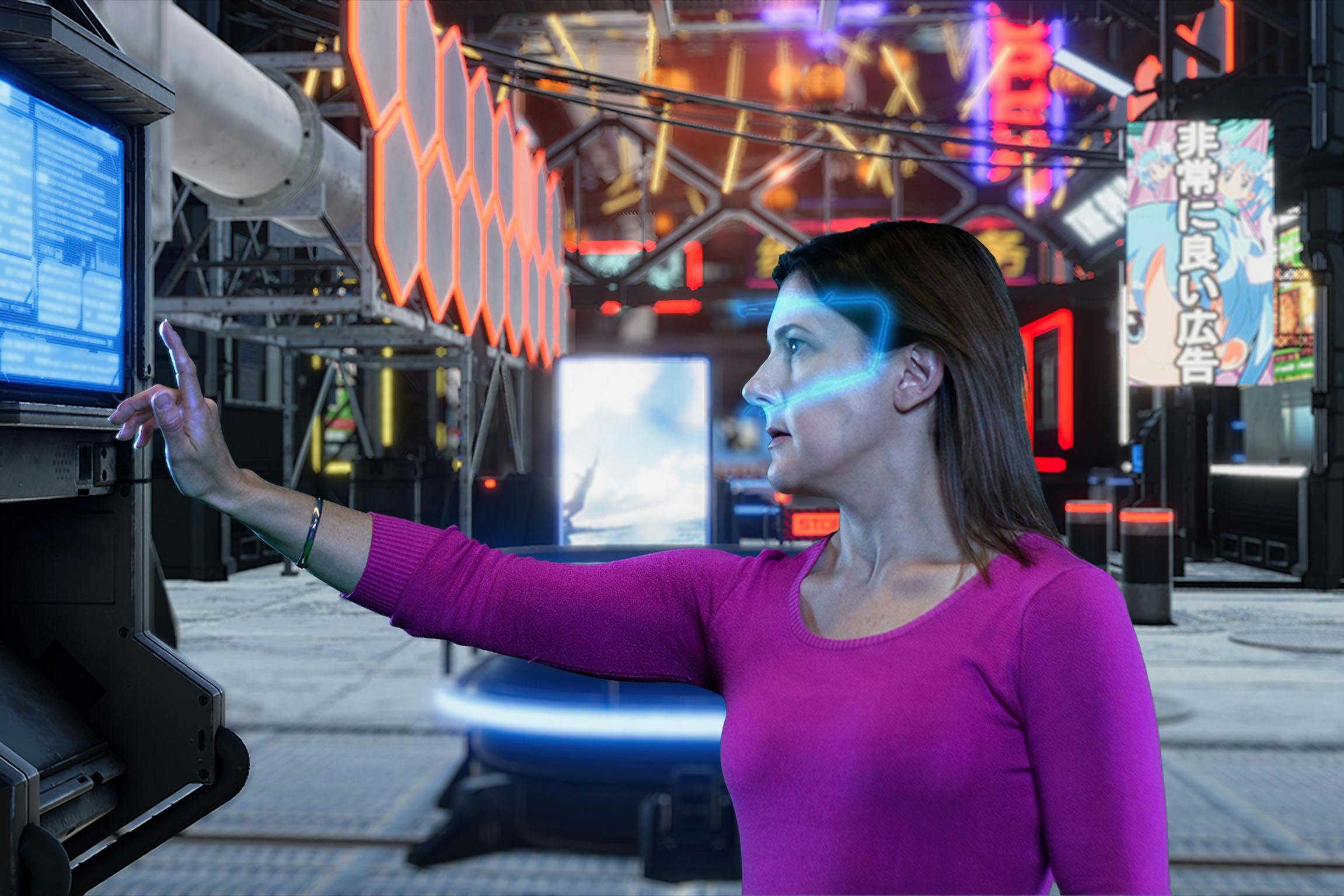 Lady with a glowing VR headset using a digital screen in an escape room