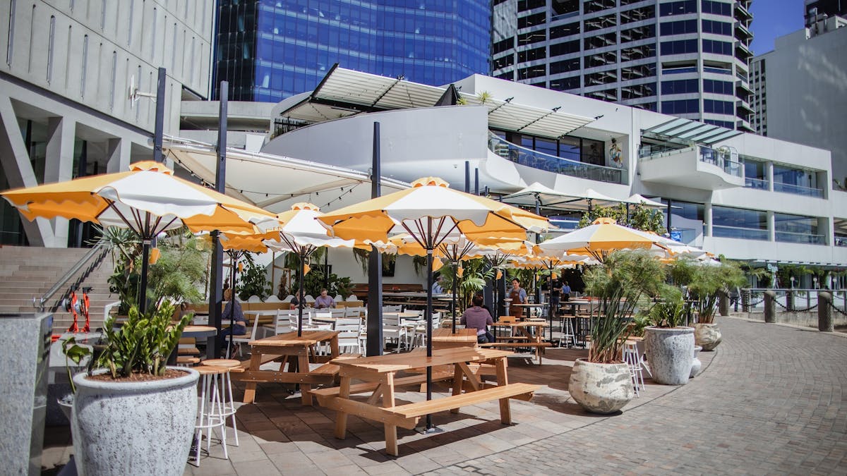 Venue tables and umbrellas