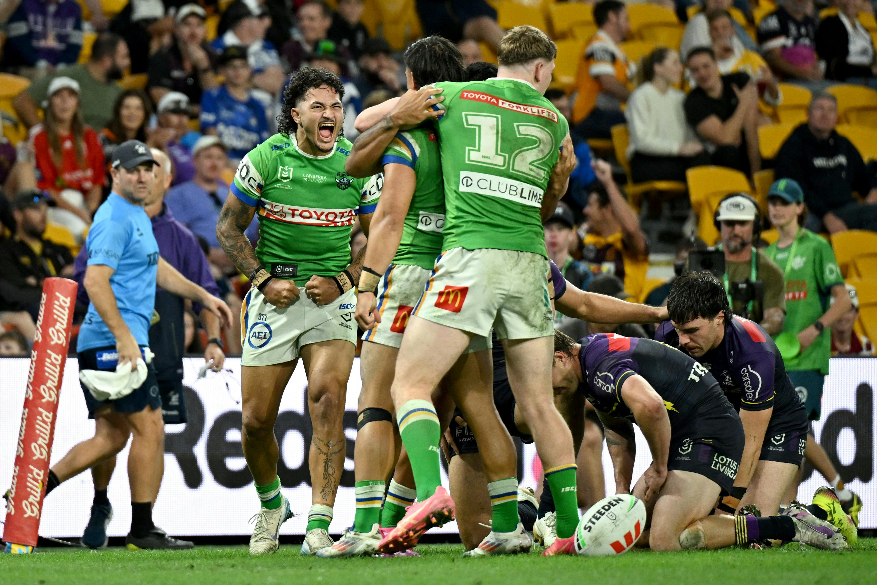Canberra Raiders Xavier Savage celebration.