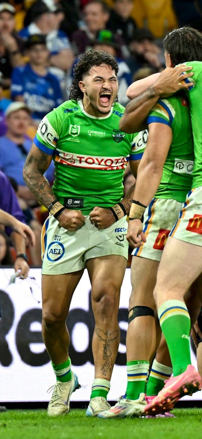 Canberra Raiders Xavier Savage celebration.