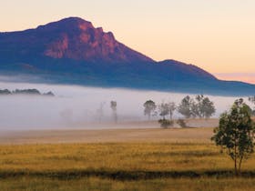 Mount Maroon glowing in sunlight with fog in foreground.
