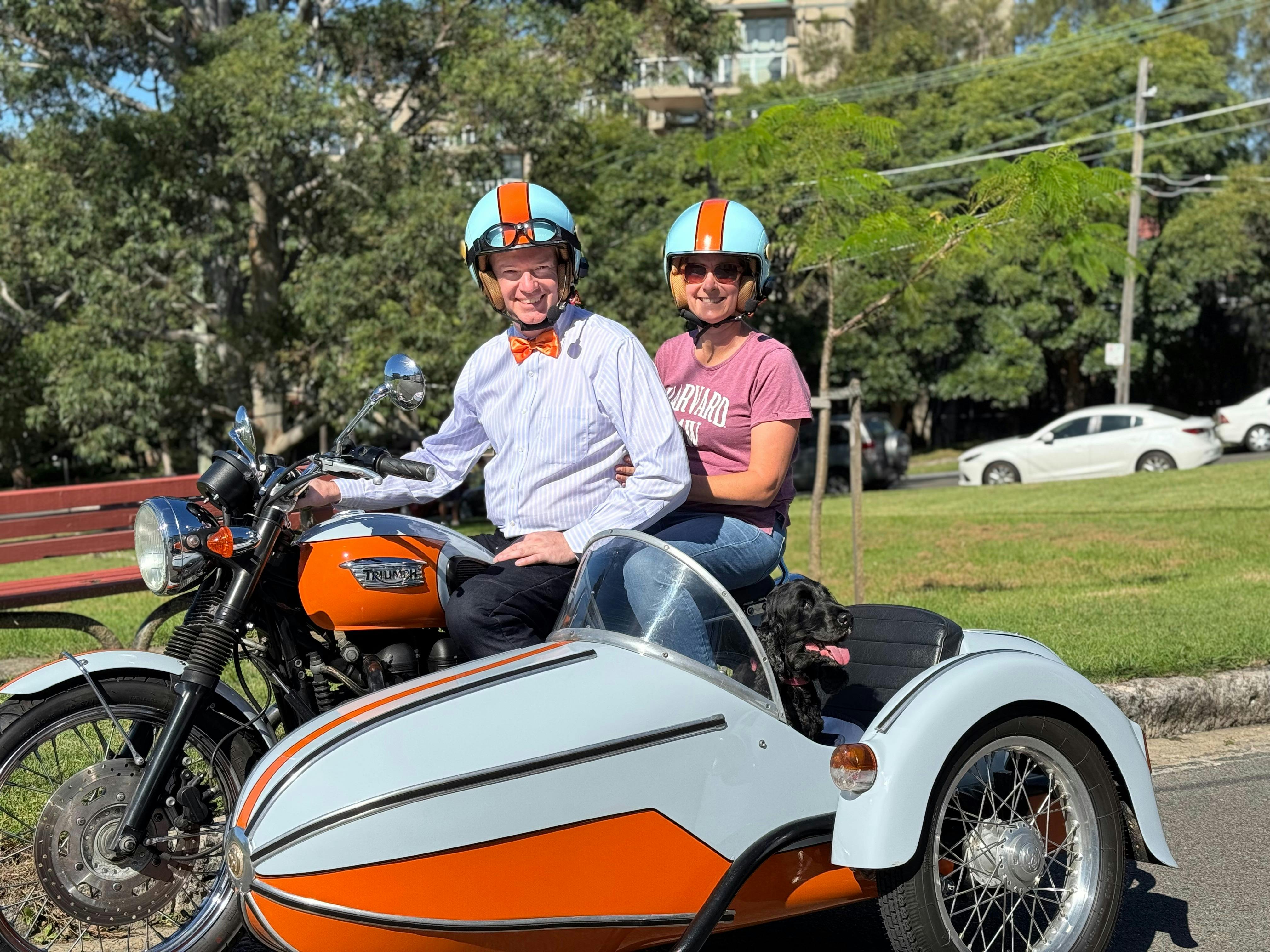 A motorcycle and sidecar, with a rider, pillion passenger, and a dog in the sidecar