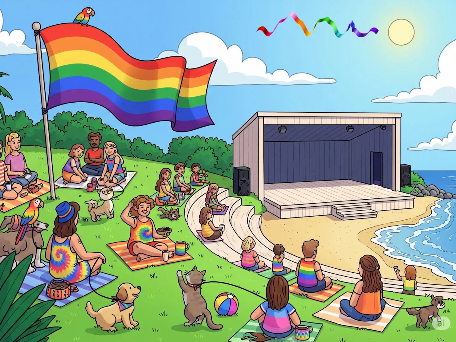 Animated picture showing people sitting looking at a stage on the beach with rainbows and pets