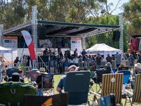 Crowd chilling out and enjoying the live music on stage during the day