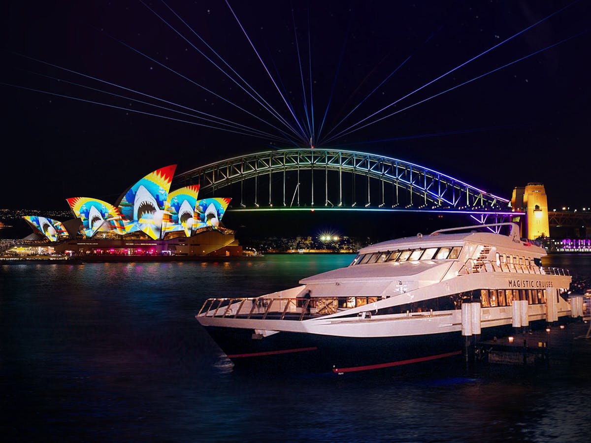 Views of the Vivid Sydney icons Harbour Bridge and Opera House from the expansive decks of the Magis