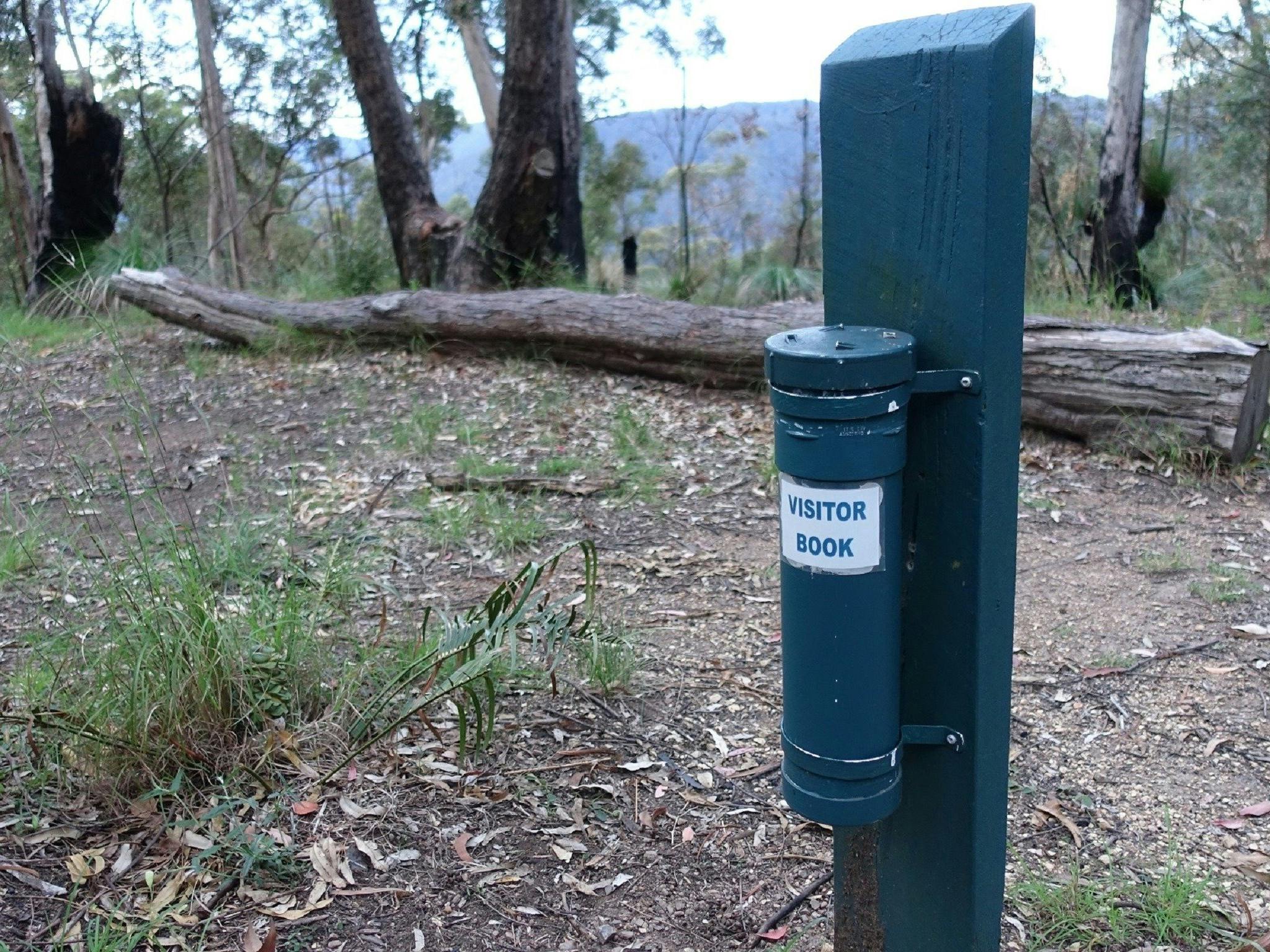 A post with the visitor book in Northbrook Mountain Bush Camp