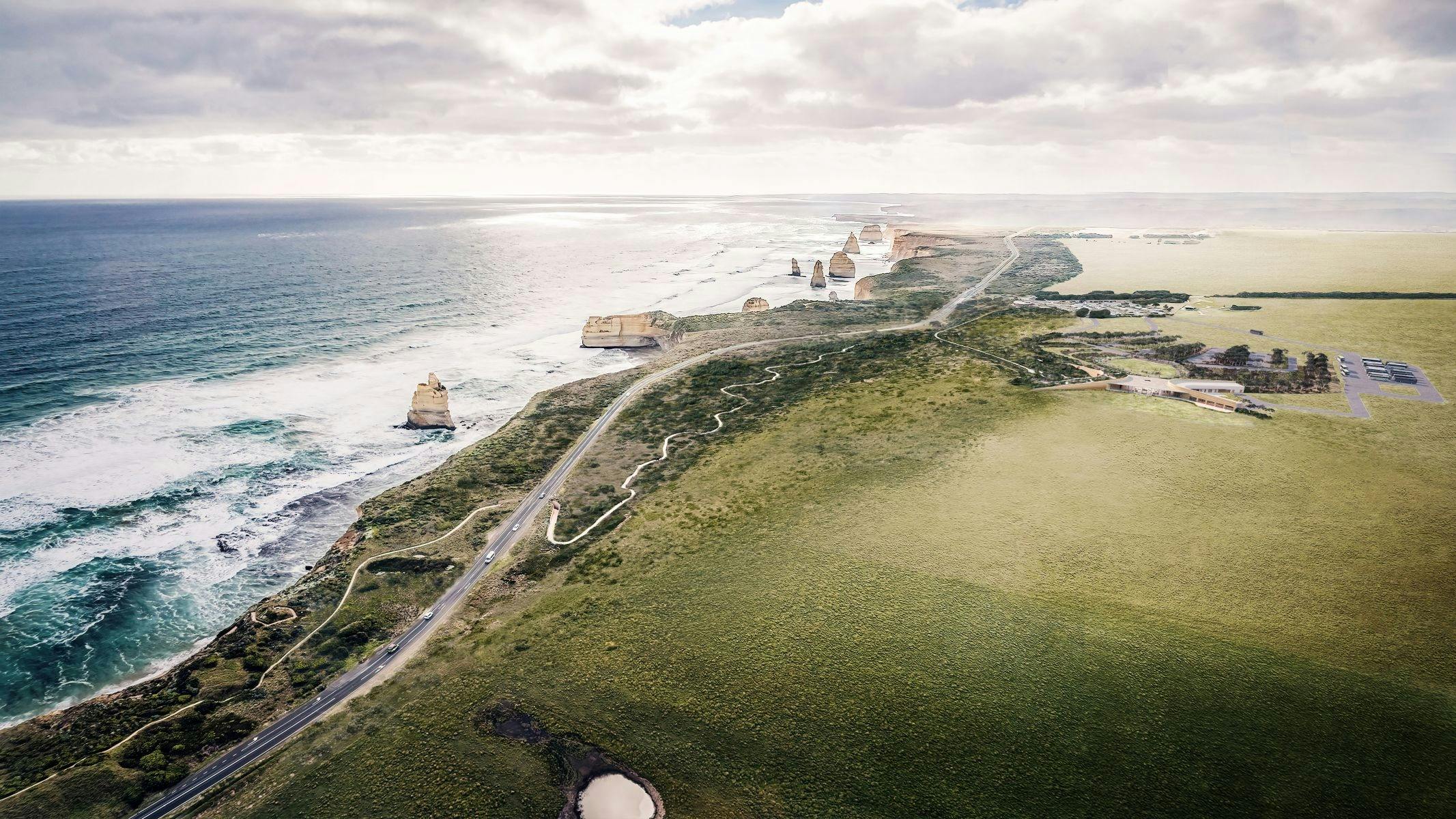 An aerial view of the Twelve Apostles Visitor Centre and coastline
