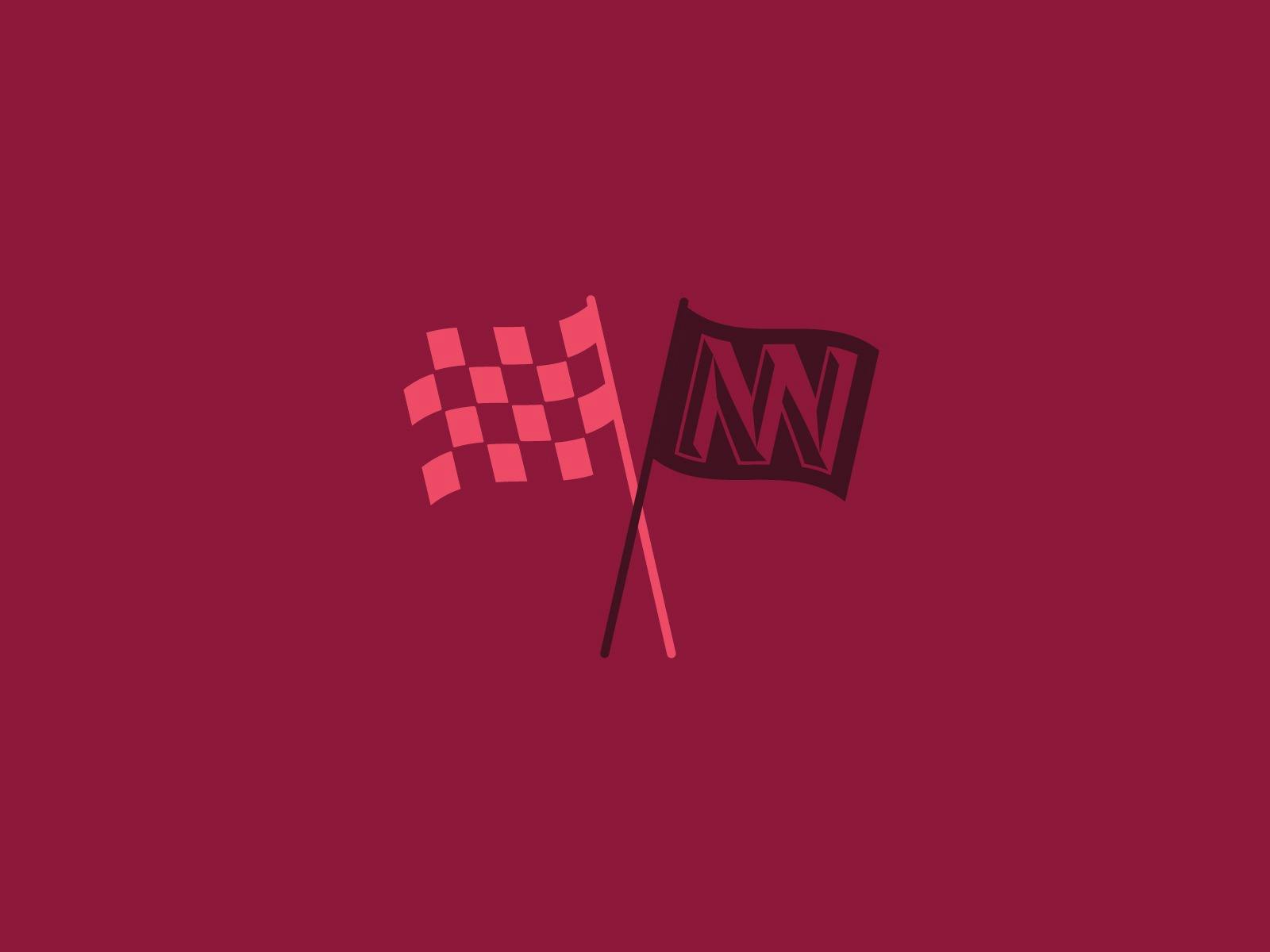 A maroon background, with two flags in shades of pink