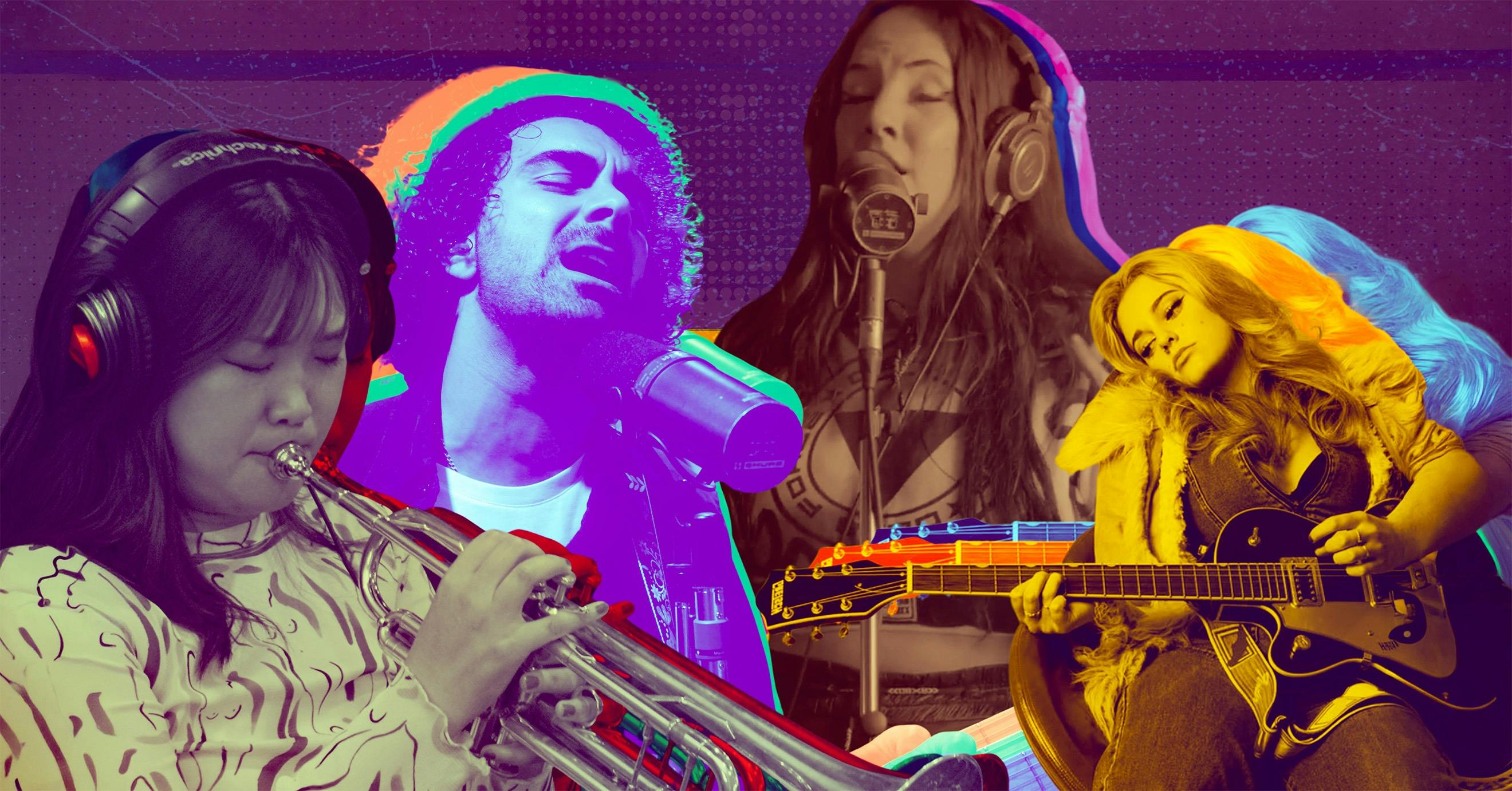 4 Band Members with their instruments, a mic, a trumpet, a piano and a guitar