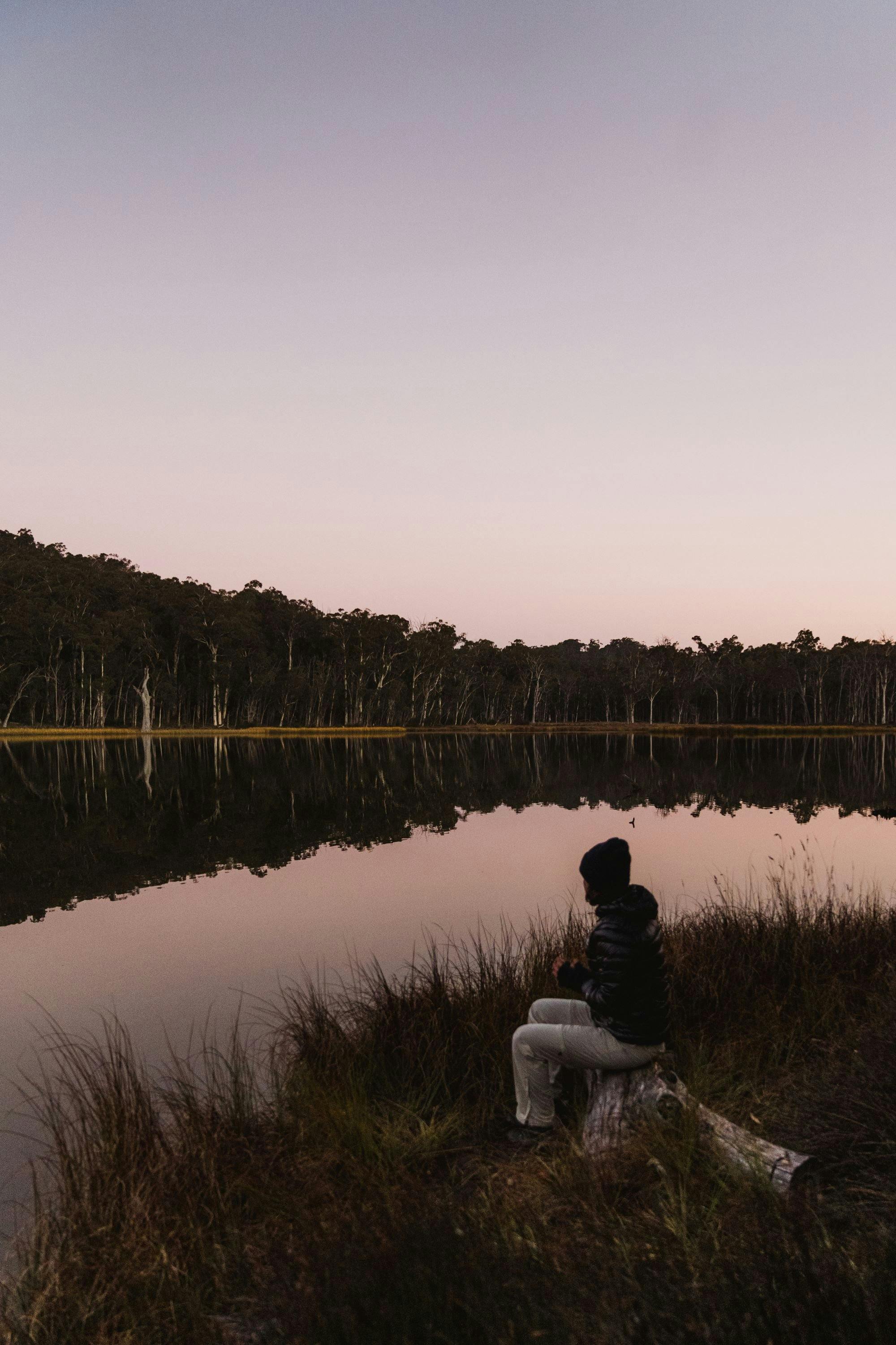 Person sitting on log looking at the gum trees reflecting on the Lake