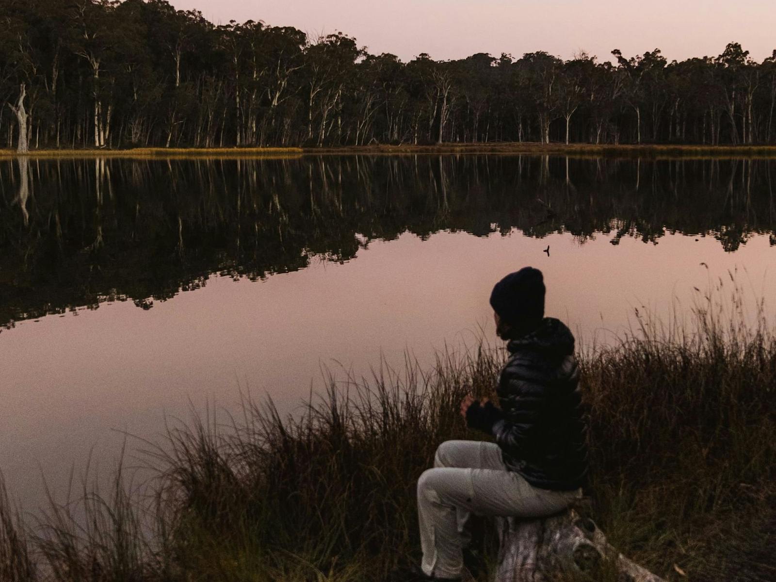 Person sitting on log looking at the gum trees reflecting on the Lake