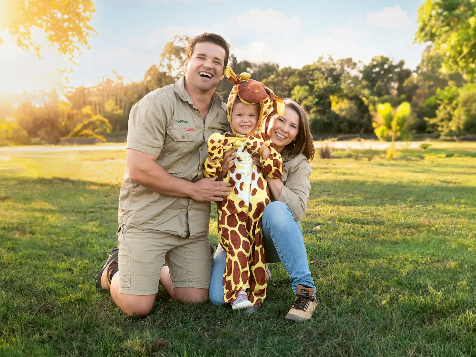 Chandler and Bindi with Grace dressed in a giraffe costume