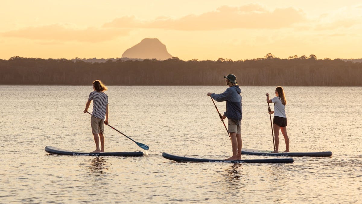 Three people on Stand Up Paddle boards on Lake Cootharaba during sunset