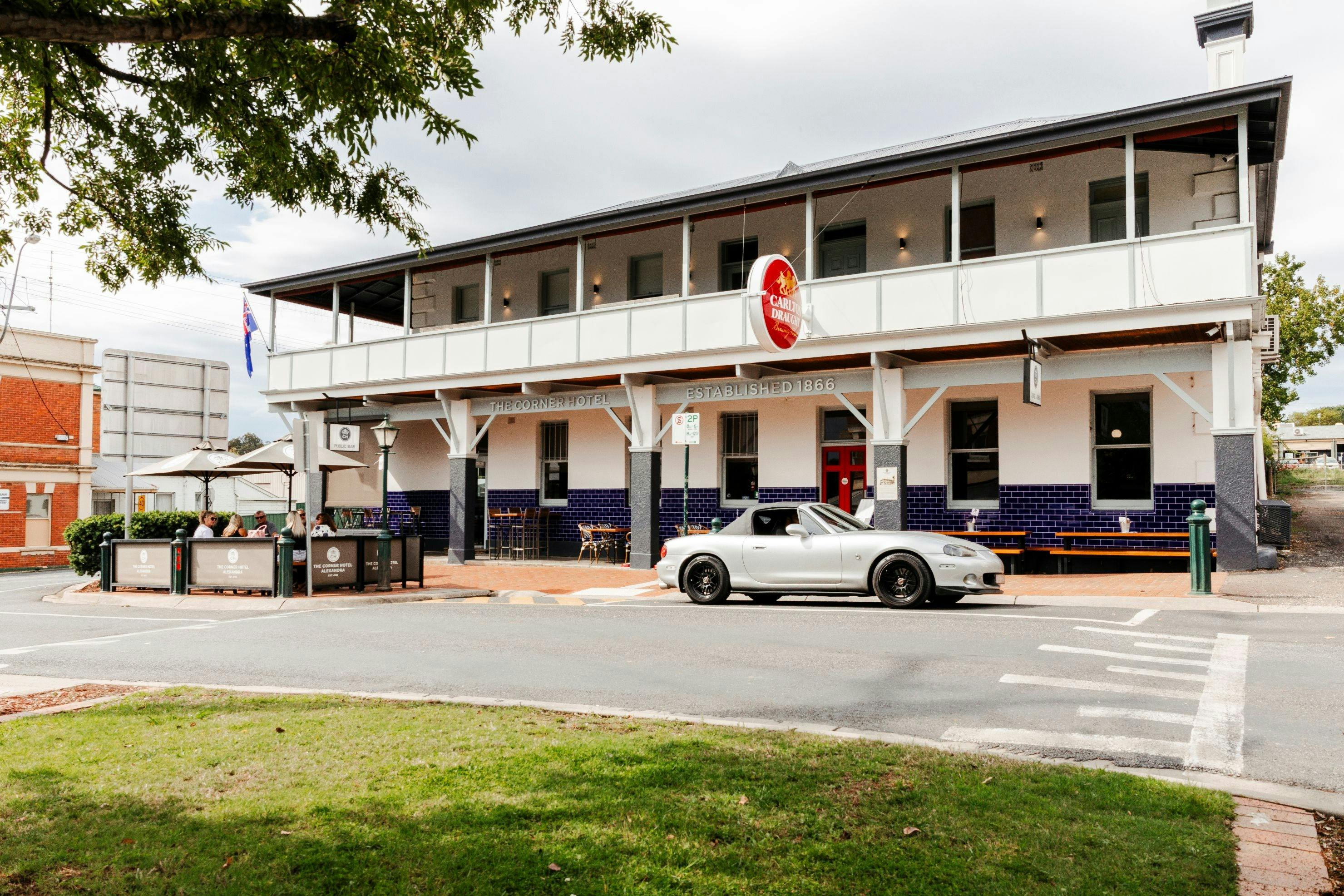 external photo of the Corner Hotel, looking at the balcony to the accommodation