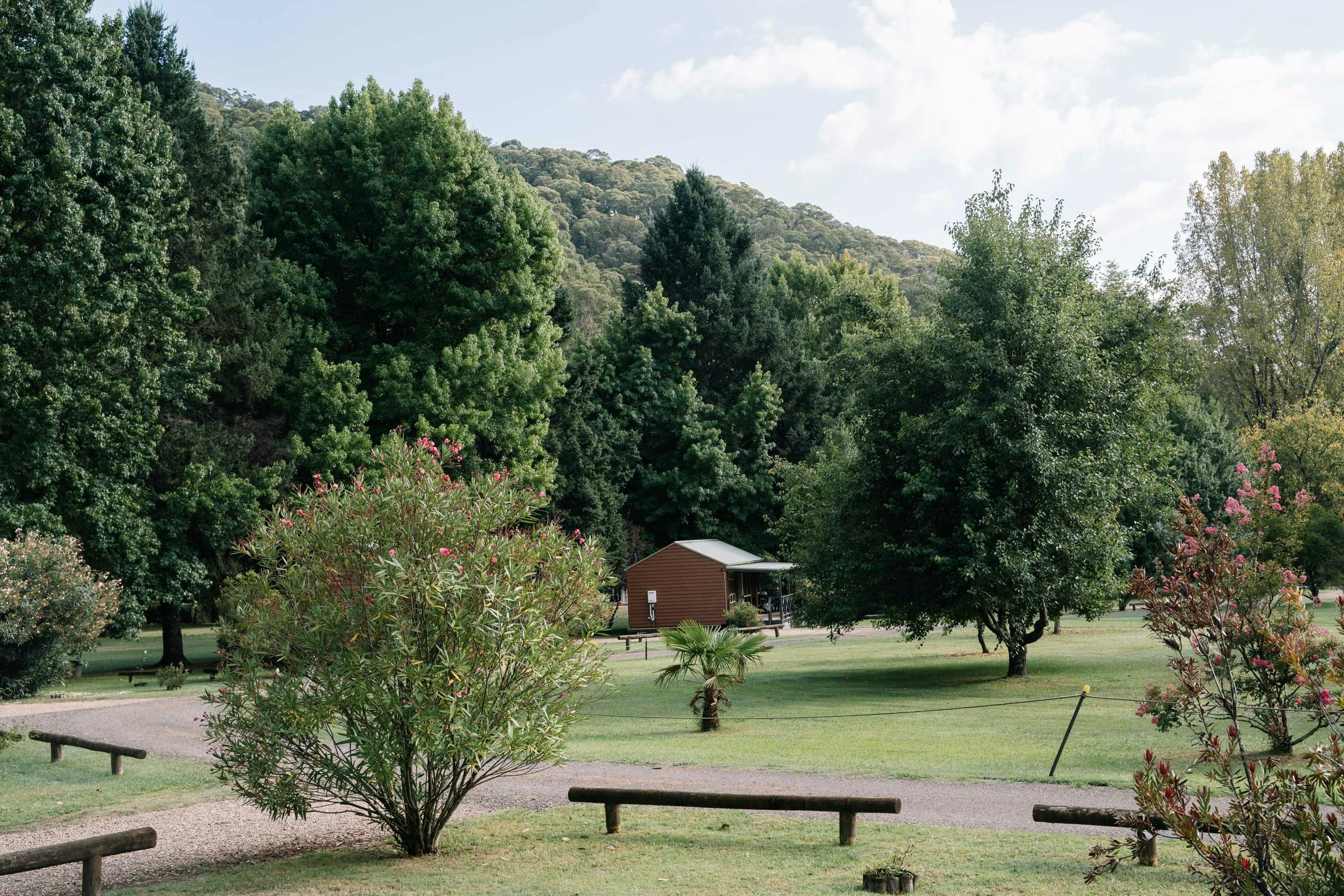Harrietville Cabins from a distance  surrounded by mountains
