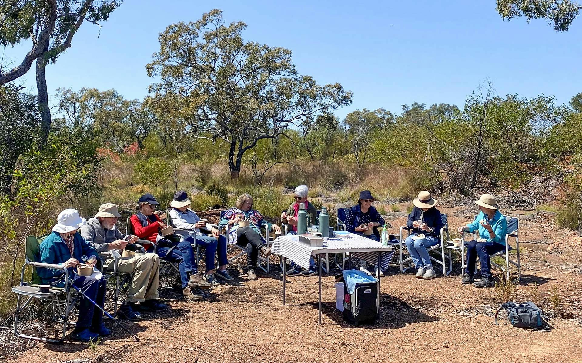A group of guests relaxing on chairs around a table in the bush enjoying a morning tea