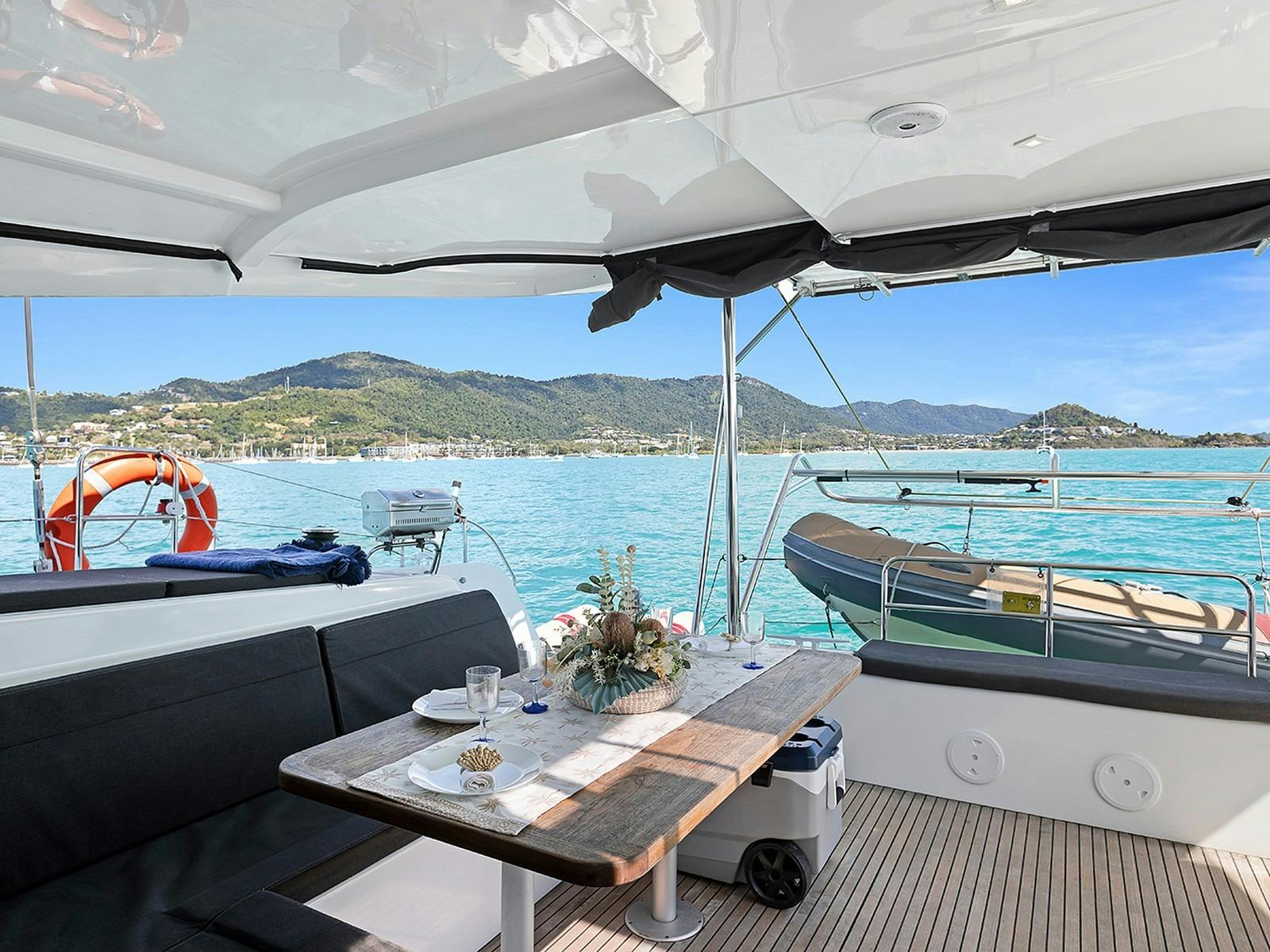 Lagoon 42 - Aft deck dining and tender on davits