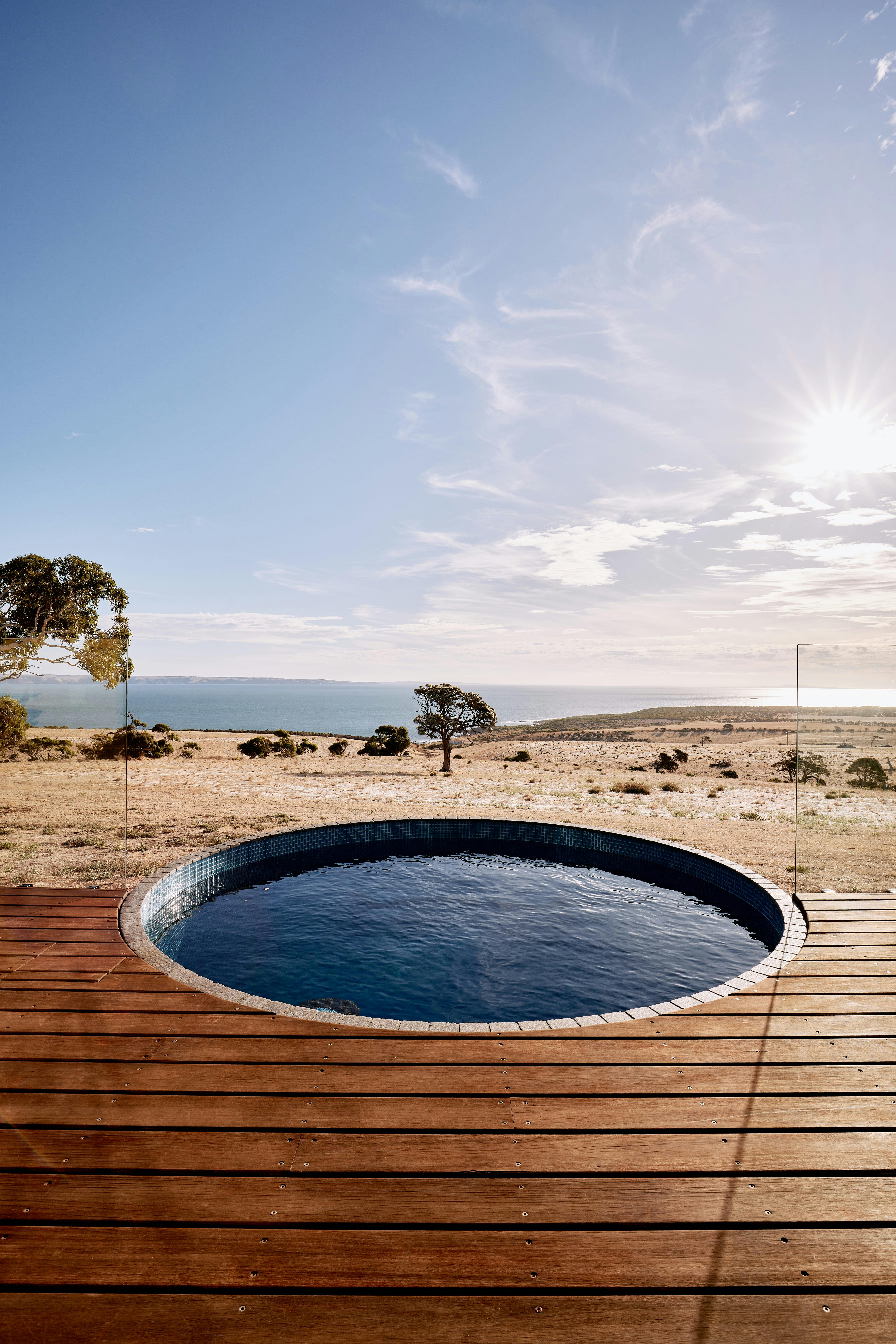 The pool overlooking the farm and the ocean with Kangaroo Island in the distance