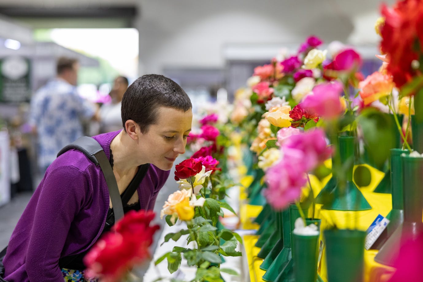 Person smelling flowers at the Royal Canberra Show Horticulture exhibit