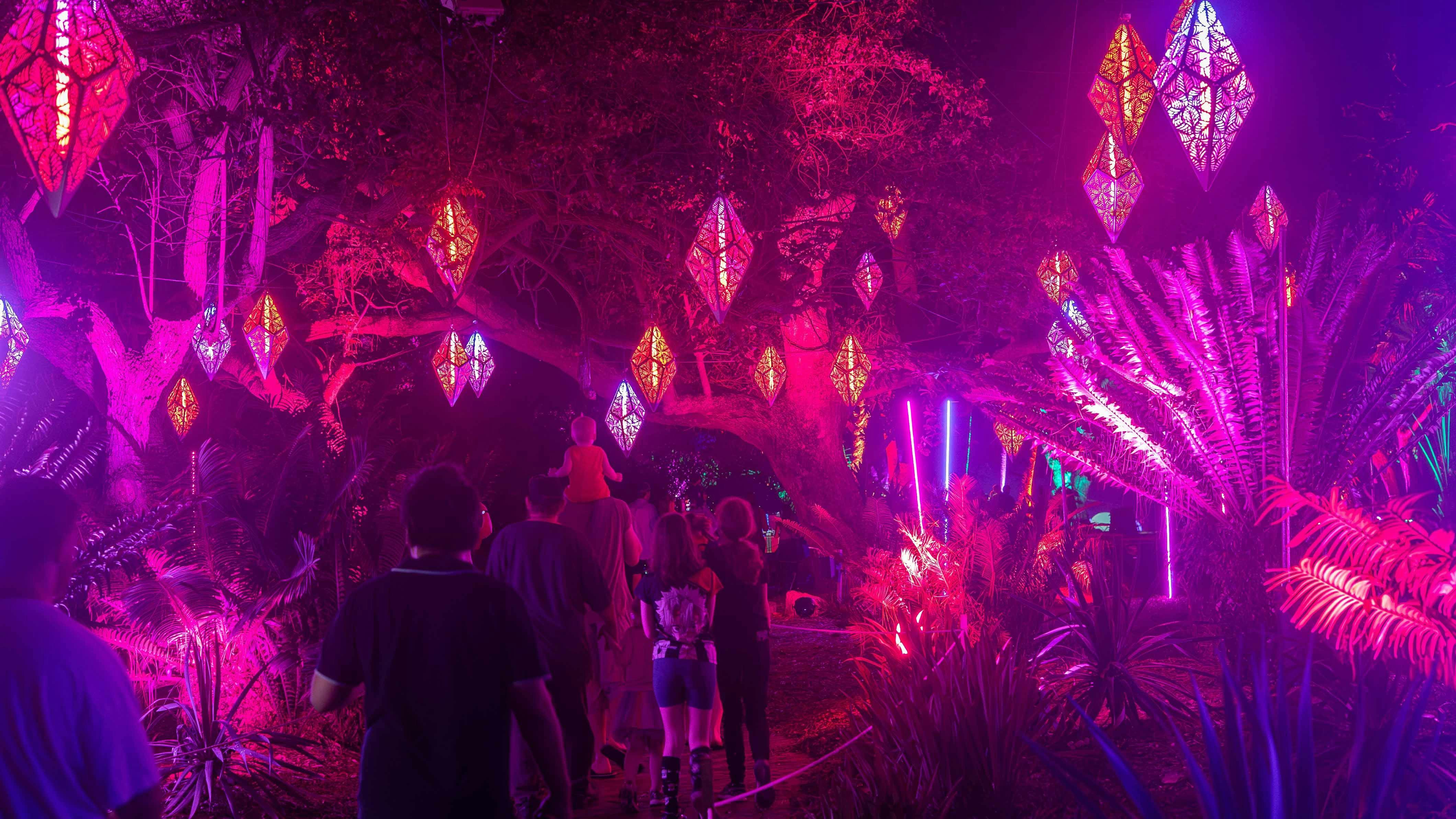 Pink light illuminates the paths while diamonds float from above at Radiance Rockhampton Light Show.