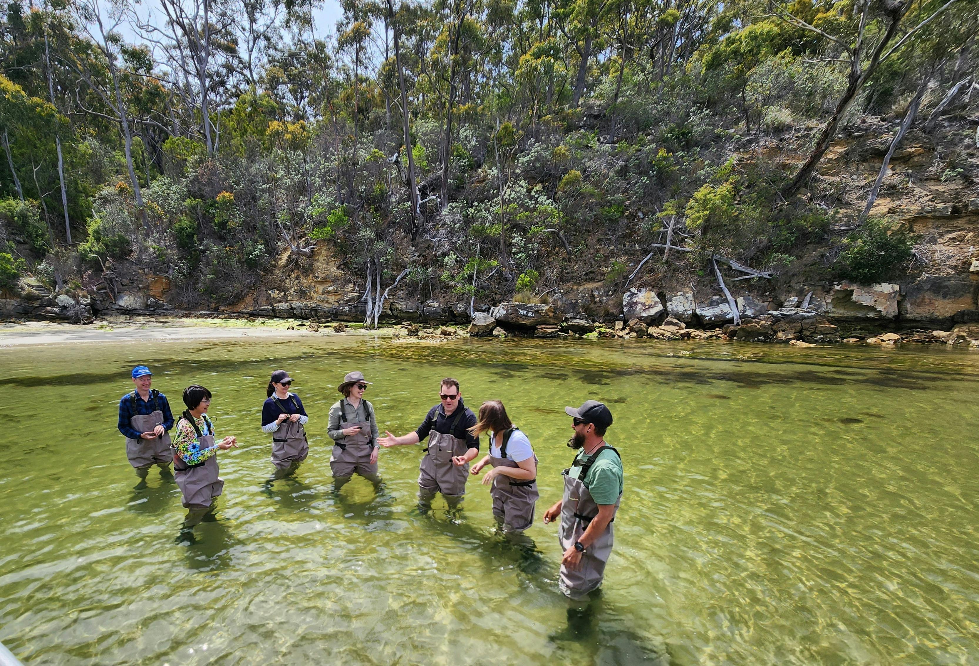 Guests wading in the water in a group enjoying themselves and laughing