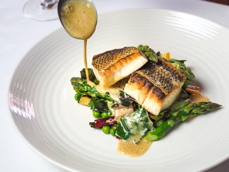 Spring trumpeter with Spring greens and beurre blanc