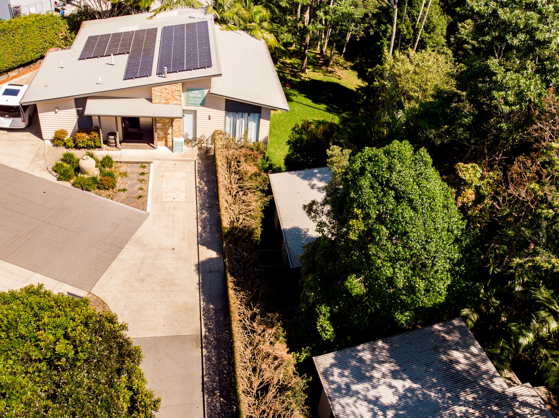 Aerial view of the property, villas along the left near the Obi Obi Creek