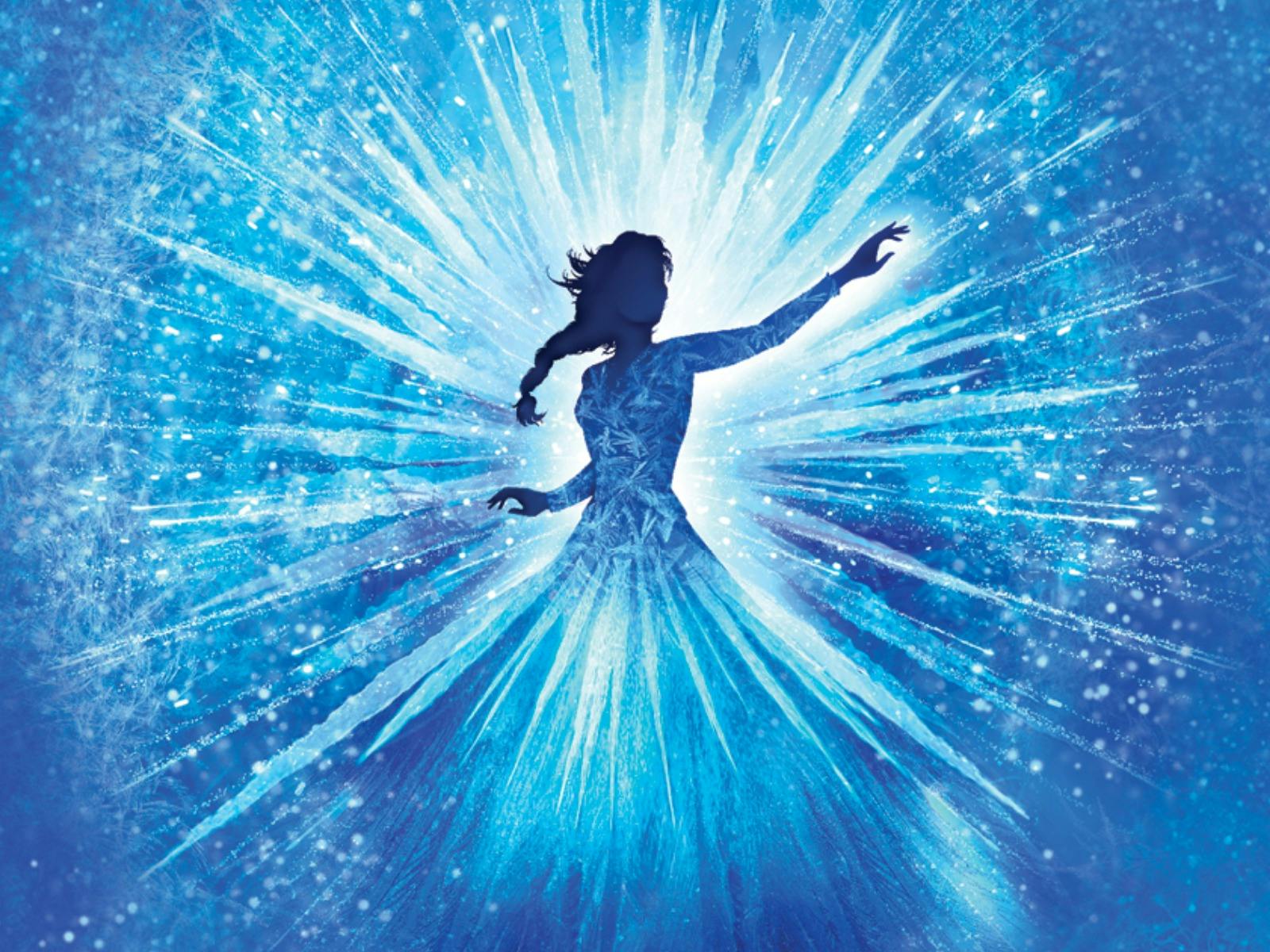 A graphic of a woman in an ice blue dress surrounded by a sparkling blue background