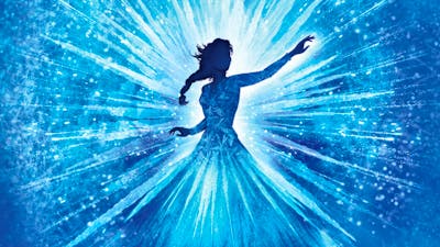 A graphic of a woman in an ice blue dress surrounded by a sparkling blue background
