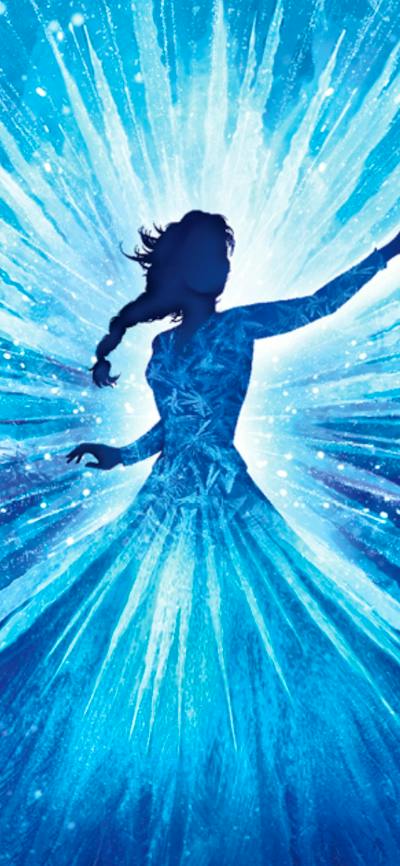 A graphic of a woman in an ice blue dress surrounded by a sparkling blue background