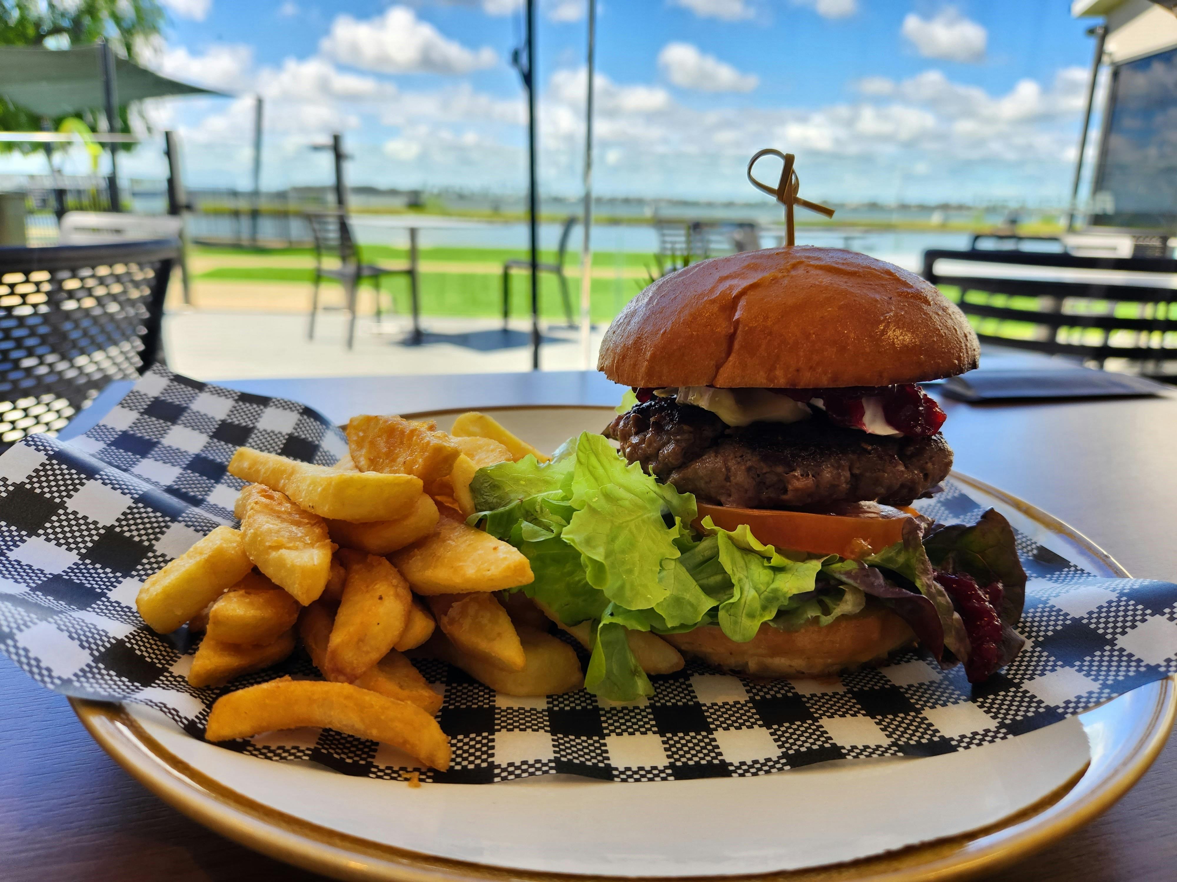 Wagyu Beef Burger at Mulwala Water Ski Clubs Waterside Pizza Pasta Grill