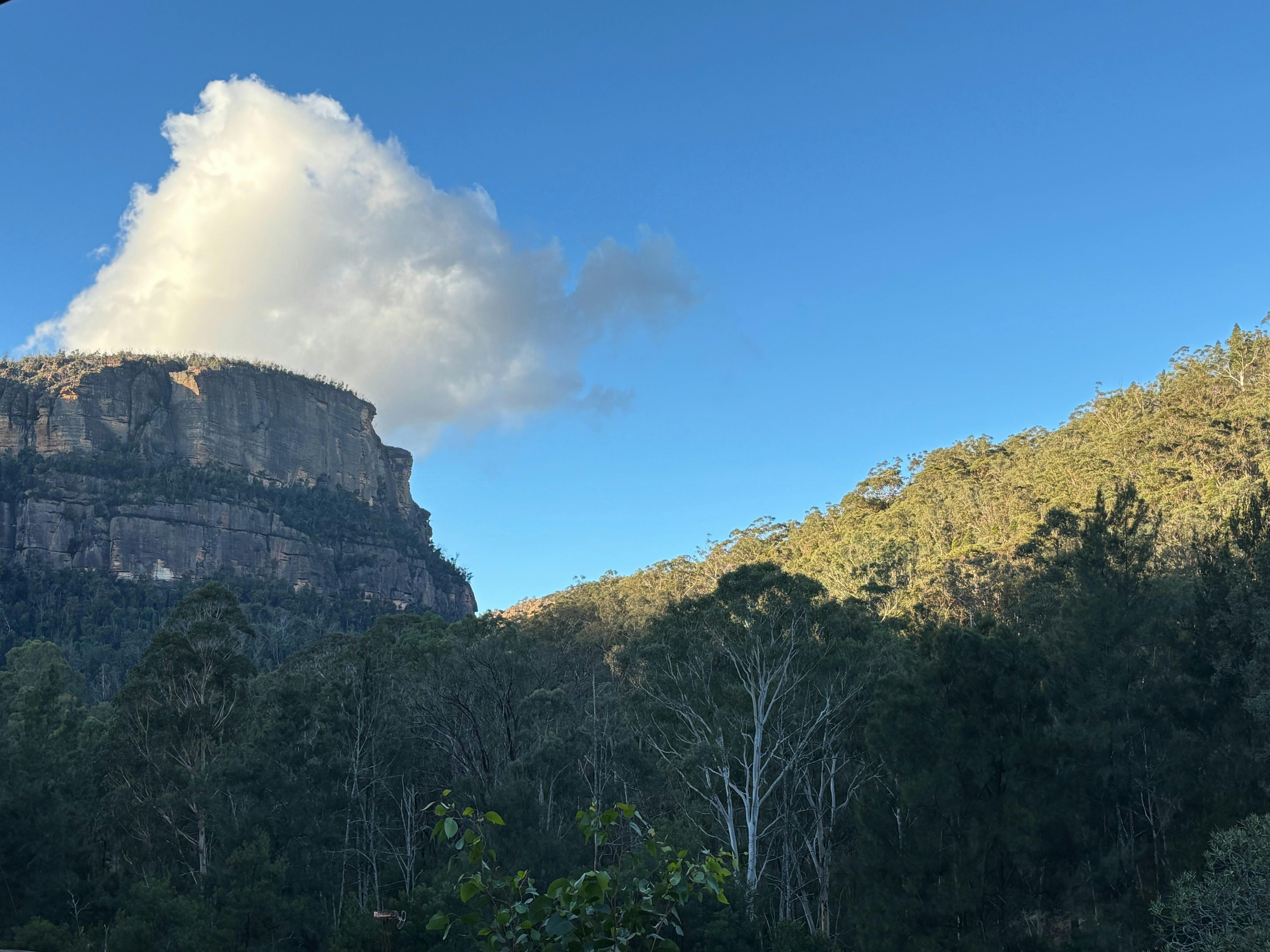 A landscape photograph with a cloud topped sandstone cliff  next to a wooded valley.