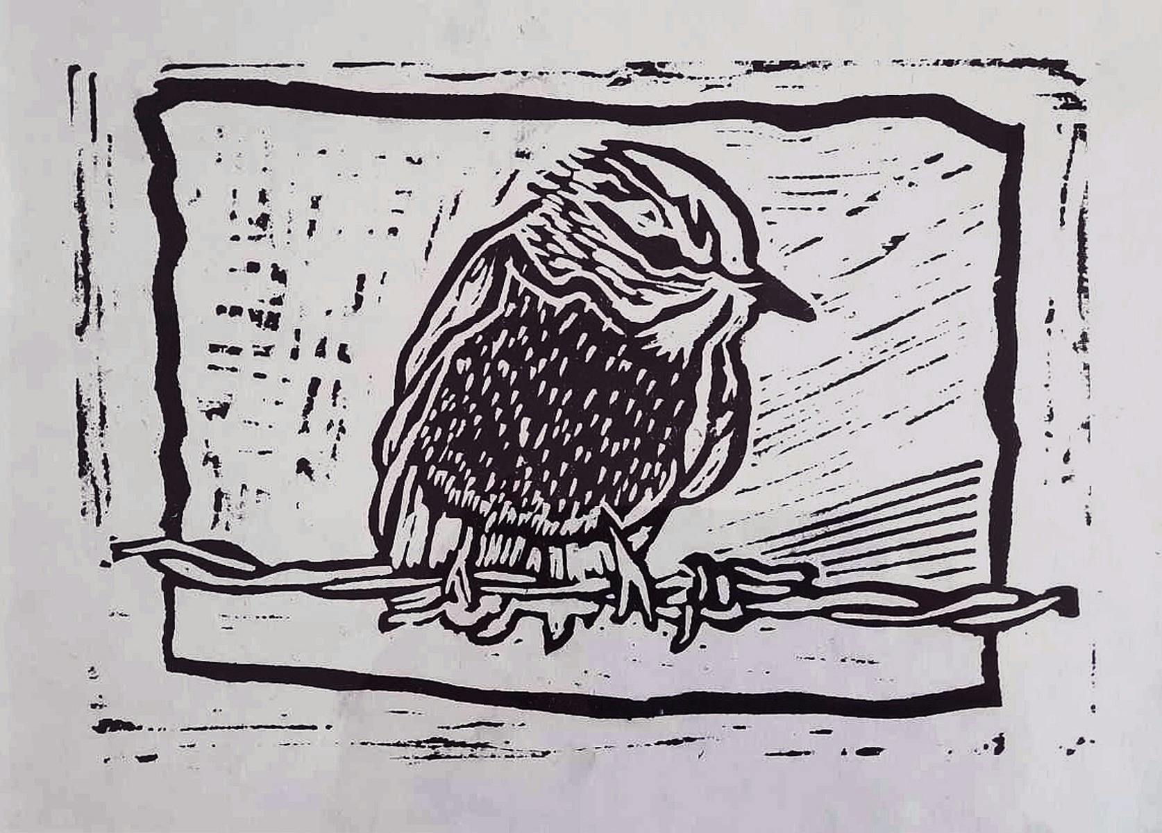 Sarah Crawford - Yellow Robin in the Rain- Lino print