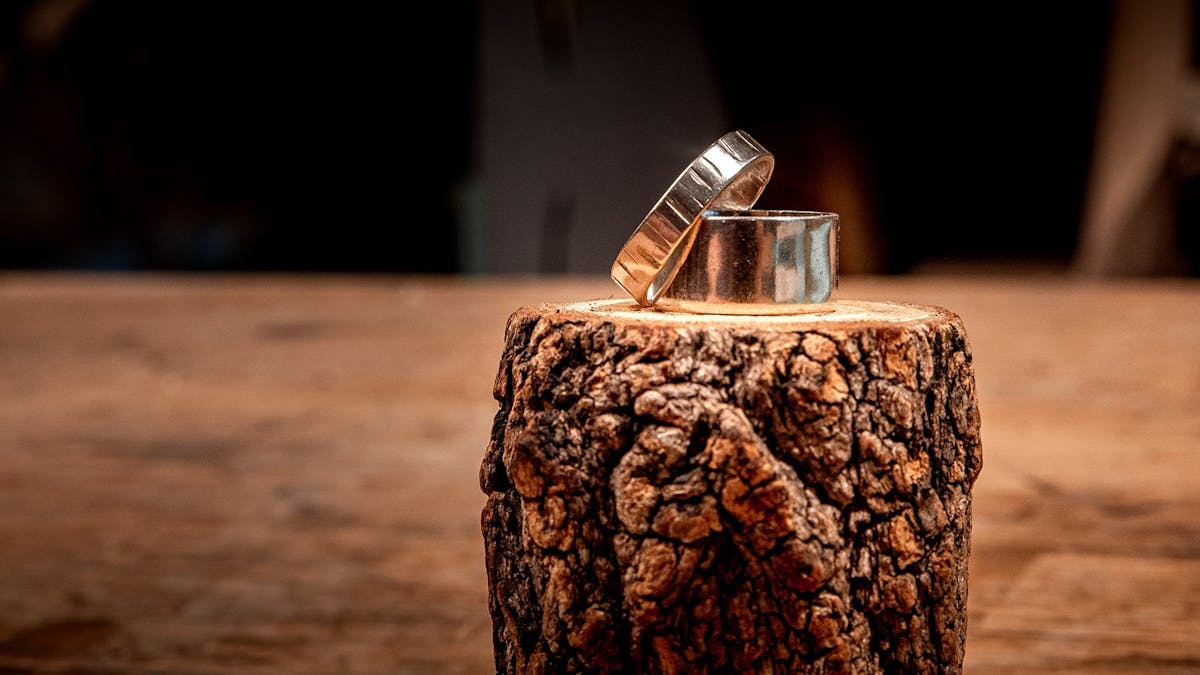 2 silver rings, one large and the other grooved, displayed on log.